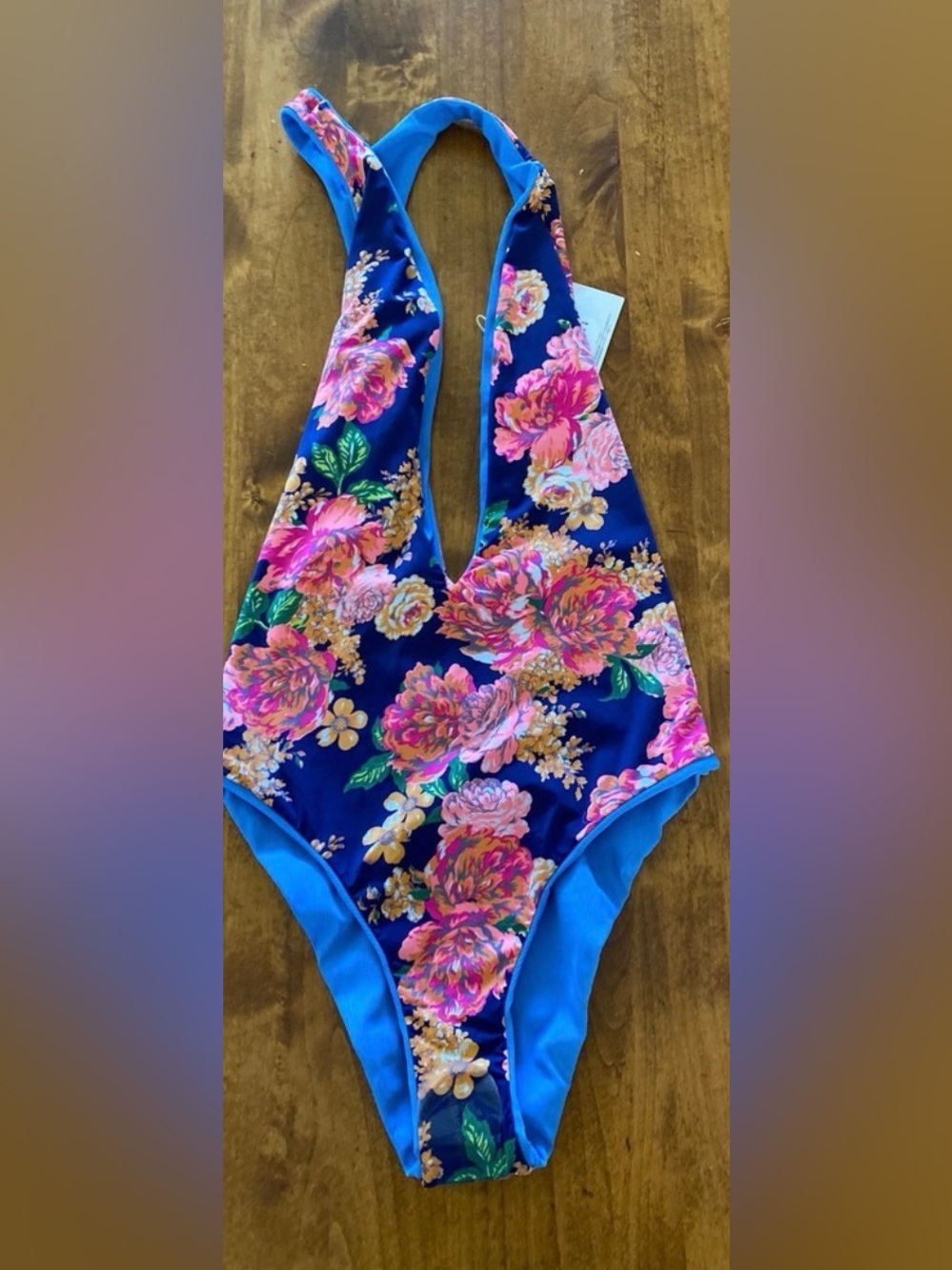 Maaji Blue Reversible One-Piece with Pink Floral Accents - Picture 2 of 5